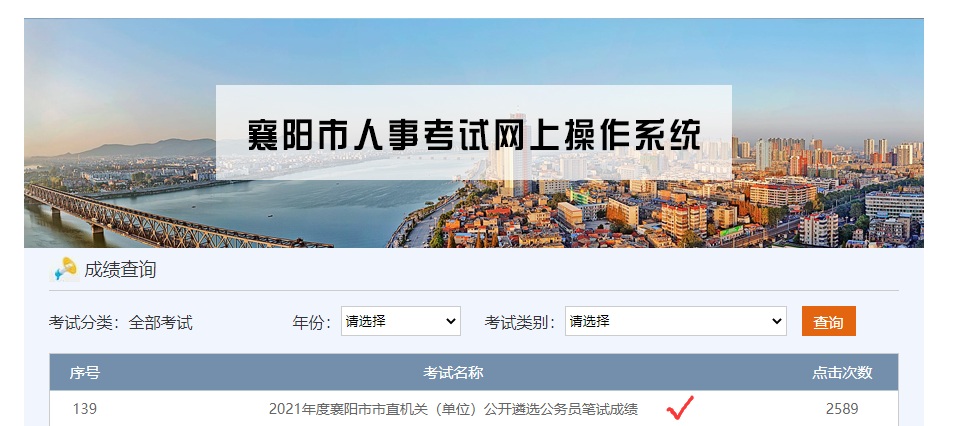 2021年襄阳市市直机关（单位）公开遴选公务员笔试成绩查询